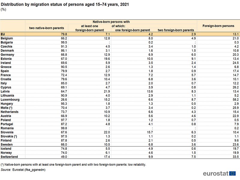 Table showing distribution by migration status of persons aged 15-74 years in 2021. 