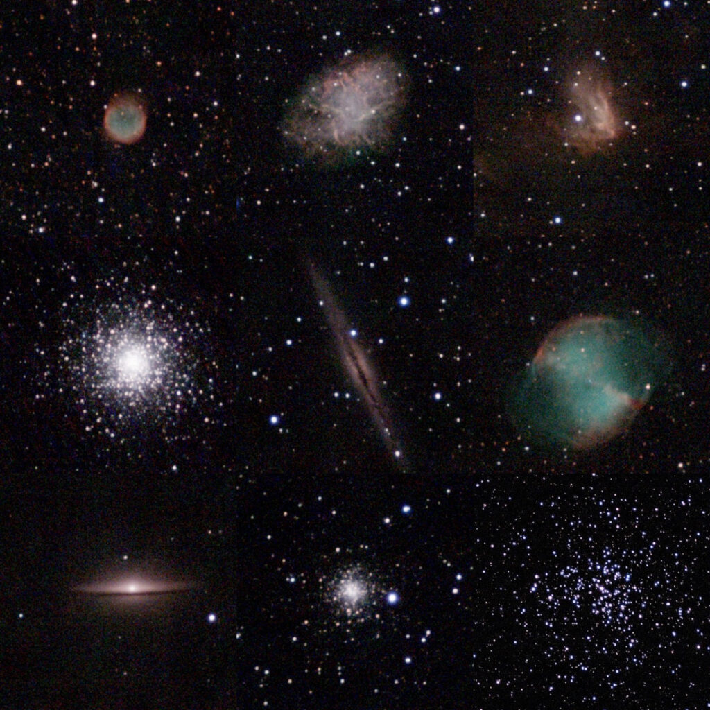 MILAN project: Samples of live post-processed RGB images produced by the Stellina telescope during the observations. From left to right and top to bottom: NGC6781, M1, NGC1491, M15, NGC891, M27, M4, NGC6934, M37. 