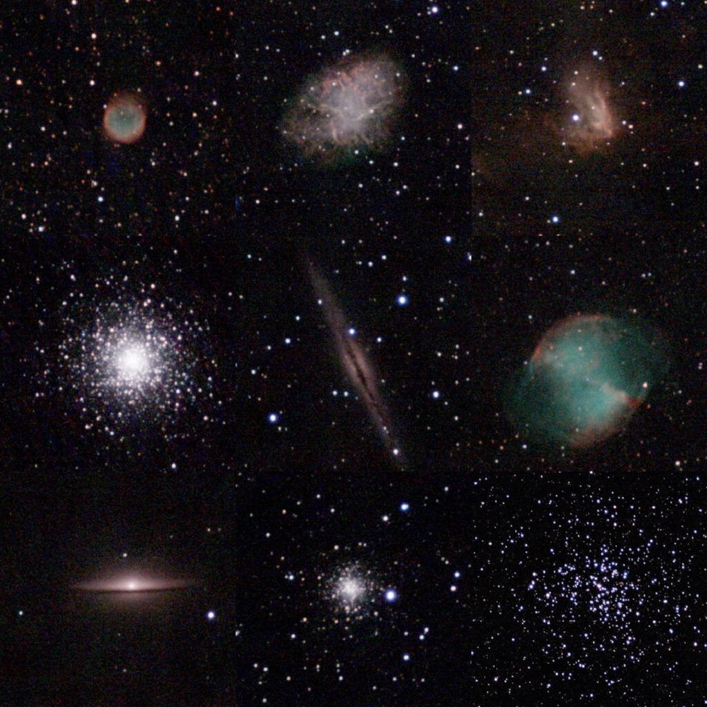 MILAN project: Samples of live post-processed RGB images produced by the Stellina telescope during the observations. From left to right and top to bottom: NGC6781, M1, NGC1491, M15, NGC891, M27, M4, NGC6934, M37.
